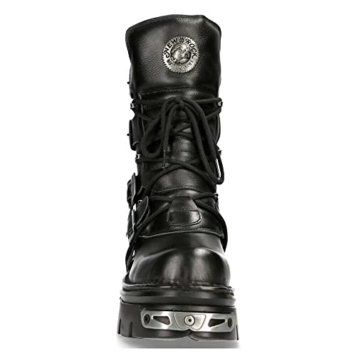 New Rock 373-S4 Metallic Black Leather Women's Gothic Mid Calf Punk Goth Boots with Lace up and Buckle Fastening4
