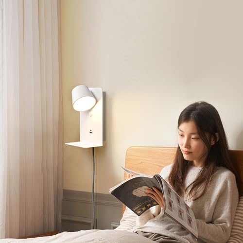Image of DEC LUCE DECOLUCE LIGHTING Modern LED Plug in Wall Sconce, Dimmable Wireless Wall Light Fixtures with Shelf and USB Port, 6W,600LM, Rotatable Small Reading Wall Lamp for Bedroom Bedside, White