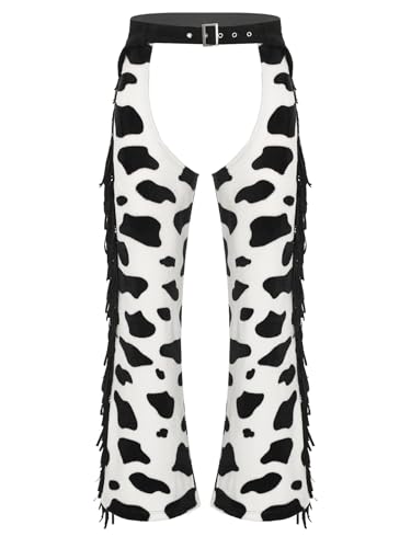 ACSUSS Unisex Cowboy Chaps Cow Print Long Pants with Tassels for Rave & Halloween Cosplay Black White Small