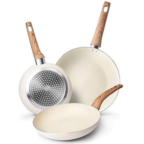 nuovva Induktionskochfeld-Pfannen-Set – 3 antihaftbeschichtete Kochpfannen – Küche Creme Granit...