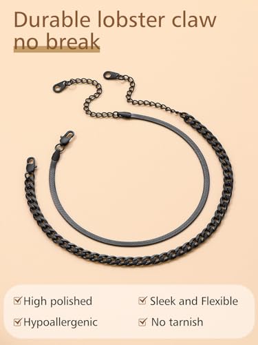 Image of FindChic Black /Silver /Gold Plated Anklets Set of 2PCS /3PCS Herringbone Chain Cuban Link Heart Charm Sparkling Tennis Ankle Bracelets, Waterproof Summer Foot Jewelry for Beach