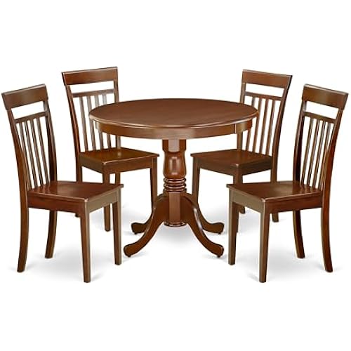 East West Furniture ANCA5-MAH-W 5 Piece Dining Table Set for 4 Includes a Round Kitchen Table with Pedestal and 4 Faux Leather Dining Room Chairs, 36x36 Inch, Mahogany