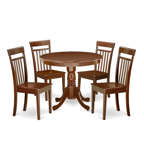 East West Furniture ANCA5-MAH-W 5 Piece Dining Table Set for 4 Includes a Round Kitchen Table with Pedestal and 4 Faux Leather Dining Room Chairs, 36x36 Inch, Mahogany