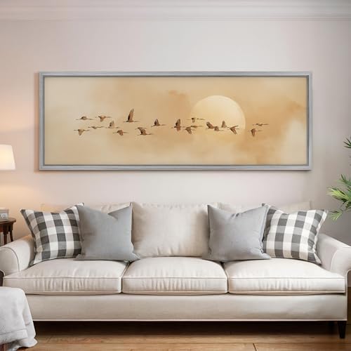 Tableau vintage sépia grue panoramique toile oiseau soleil 30x90cm