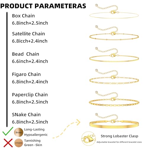 Bracelet for Women - Dainty Stack Bracelets Trendy Adjustable 14K Gold Plated Thin Paperclip Bead Box Satellite Figaro Cuban Link Chain Bracelet Set for Women Waterproof Jewelry Gift