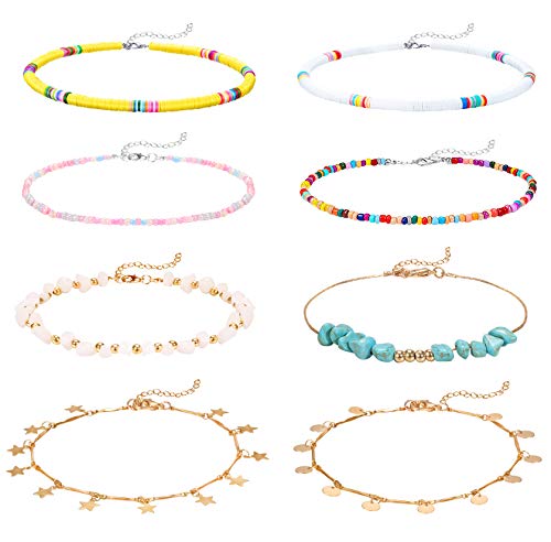 SHIWE 8 Pcs Handmade Beaded Anklets for Women Heishi Surfer Boho Colorful Beads Turquoise Anklet Foot Jewelry for Summer Ankle Bracelets Set