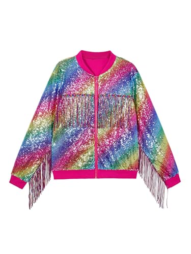 Jhaoyu Kids Girls Shiny Sparkling Sequins Tassels Jackets Coats Long Sleeve Zipper Blazer Outerwear for Party Stage