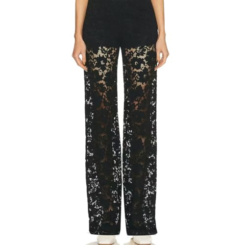 Auriselle Pantalones de Encaje Bordados Transparentes para Mujer Y2K con Cintura Alta y Pierna Recta Cintura Elástica Pantalones de Malla Street Rave para Discotecas, Negro, M