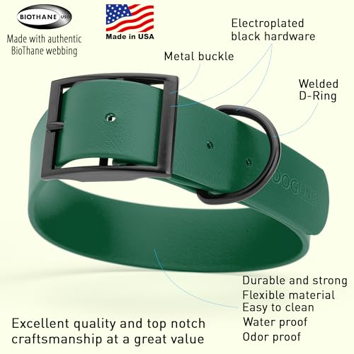 Image of Dogline Biothane Waterproof Dog Collar Strong Coated Nylon Webbing with Black Hardware Odor- Proof for Easy Care Easy to Clean High Performance Fits Small Medium or Large Dogs, Hunter Green