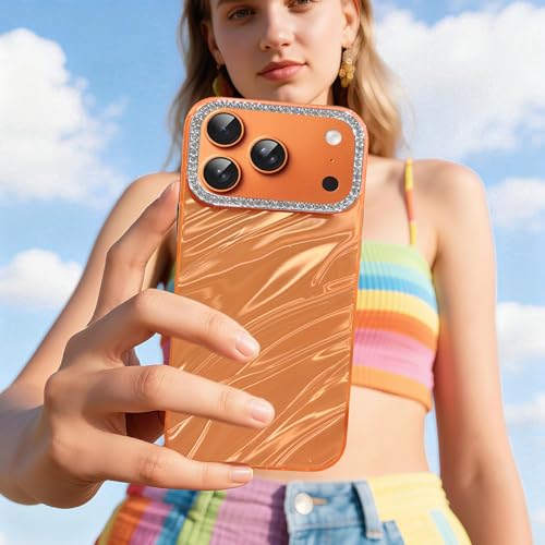 Image of Elzzi Compatible with iPhone 17 Pro Max Case | Marble Glossy Hard PC Back Cover with Diamond Camera Protector | Ultra Stylish Shockproof Back Cover Case for Girls Women-Orange