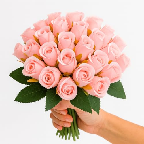 Image of Set of 24 Pcs Artificial Rose Flowers Bunches for Vase - Home Decoration Gift Items for Living Room Corner Table Top Bedroom Wedding (Pot Not Included) - 24 CM (Light Pink)