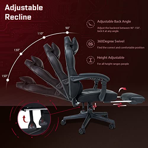Fullwatt Racing Gaming Chair for adults with Footrest and Massage Lumbar Pillow, Swivel Height Adjustable Reclining PU Leather Video Game Chair, E-Sports Gaming Chair Big and Tall(Black) - Image 5