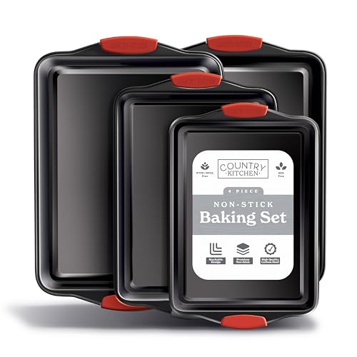 Country Kitchen Nonstick Stackable Bakeware Set - Heavy Duty, Durable, Easy Release Baking Set, Red, 4 Pcs