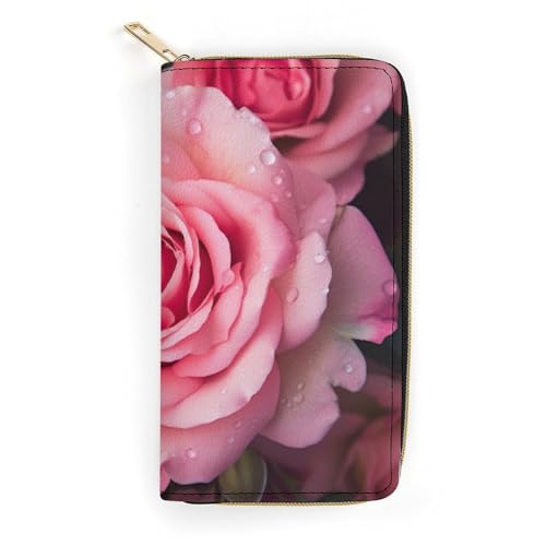 Pink Rose Print Long Wallet for Women Men PU Leather Card Holder Organizer with Zipper Coin Pocket & Cash Slots