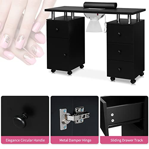 OmySalon Manicure Table Nail Desk for Nail Tech, Nail Table Station w/Electric Dust Collector, Nail Makeup Beauty Salon Storage Acetone Resistant w/Lockable Wheels,Wrist Cushion,4 Drawers&Cabinet
