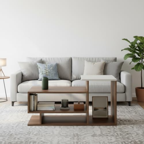 Image of FURNEASER Afaria Modern Engineered Wood Coffee Table with Door & Storage Shelves | Center Table for Living Room & Sofa Area | Multi Level Open Rack Design | DIY Furniture