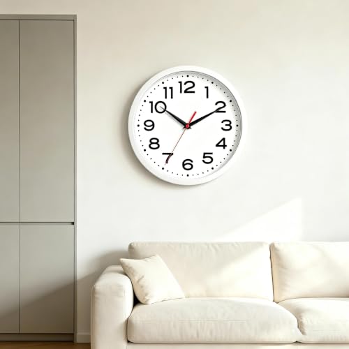 Image of Roymnie 10 Inch Wall Clock, Battery Operated Silent Non Ticking White | analog wall clock; bold numerals for easy reading; silent non-ticking; 1 AA battery (not included); for classroom