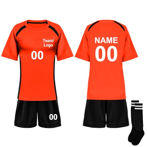 TOPTIE Camiseta de fútbol personalizada, conjunto de camiseta de fútbol unisex, uniforme de fútbol con camiseta, pantalones cortos y calcetines, naranja/negro-S