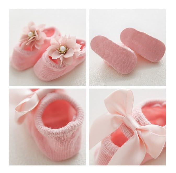 Zerodis 3pairs Set Baby Cotton Floor Sock with Bow Tie, Cute Lace Flower Design Anti slip Non Skid Ankle Socks for Newborn Toddler Infant(M)4