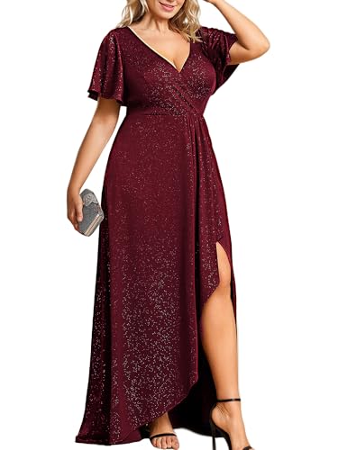 Image of Ever-Pretty Womens Glitter High Low Plus Size Cocktail Wedding Guest Dress | V-Neck, Ruffle Sleeve, High Stretch, A-Line, Front Slit, Plus Size Formal Dresses Evening Gowns