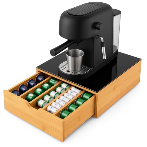 Porta Cialde con Ripiano e Cassetto in Bambù | Organizer per Cialde, Capsule, Tisane 4 Scomparti