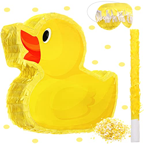 Sotiff Yellow Duck Piñata 13.8 Inch Cute Duck with Piñata Stick Blindfold Gender Reveal Confetti for Boy Girl Baby Shower Beach Pool Birthday Easter Party Decorations