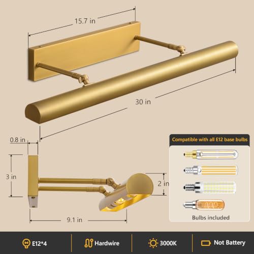 Image of 30 inch Hardwired Picture Light for Wall, Brass Picture Light 4-Light Art Light,Dimmable Gold Gallery Light Art Deco for Stairwells & Hallways, Museum, Library,Living Room,Bedroom,