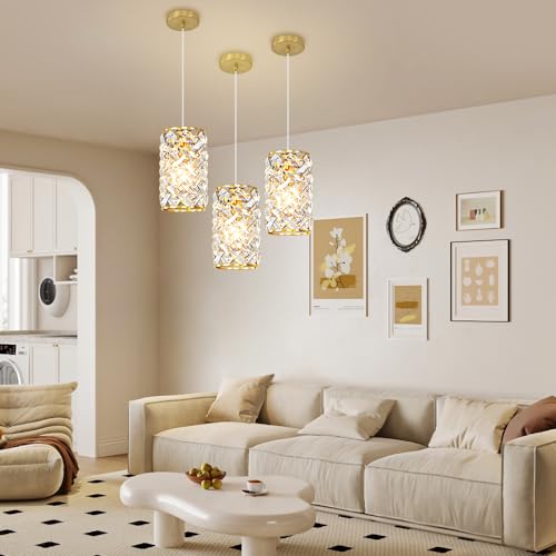 Gold Pendant Lights Kitchen Island, Mini Crystal Modern Kitchen Pendant Lighting Over Sink with 10.2" Clear Glass Shade Chandeliers, Adjustable Pendant Light Fixture for Dinning Room Bedroom Entryway by Biewalk - Used condition - Image 3