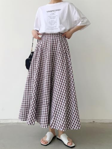 ebossy Women's Casual Retro Plaid A-Line Swing Boho Skirts Elastic Waist Flared Gingham Long Skirts3