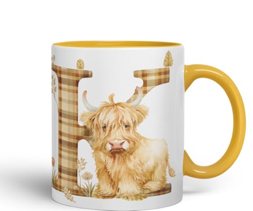 Vixar Highland Cow Alphabet Monogram Coloured Ceramic Cup Mug Letter K Rustic Farmhouse Animal Letter Gift 11oz (Gold Yellow)