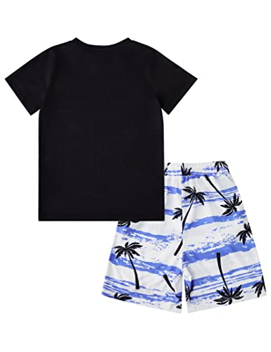 Image of GERU Boy Shorts Sets Hawaiian Outfit Kid Leaves Floral Short Sleeve Shirt Top+shorts Suits