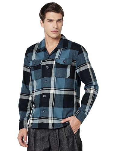 Image of The Indian Garage Co Men Regular Fit Checkered Full Sleeves Spread Collar Double Flap Pocket Casual Over Shirt