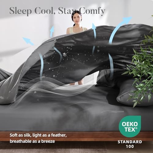4 Piece King Size Sheet - Cooling Bed Sheets Set, Blend Rayon Derived from Bamboo, Breathable Soft Hotel Luxury Bedding & Pillowcases, Silky Fit 16 inch Extra Deep Pocket, Oeko-Tex - Charcoal - Thumbnail 5