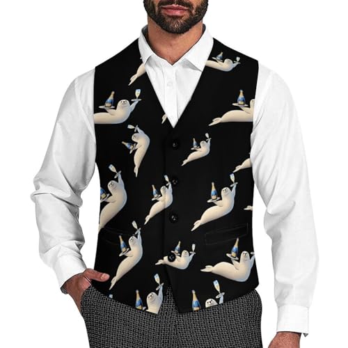 Cute Seal And Champagne Novelty Men's Suit Vest Funny Formal Dress Vests Business Waistcoat
