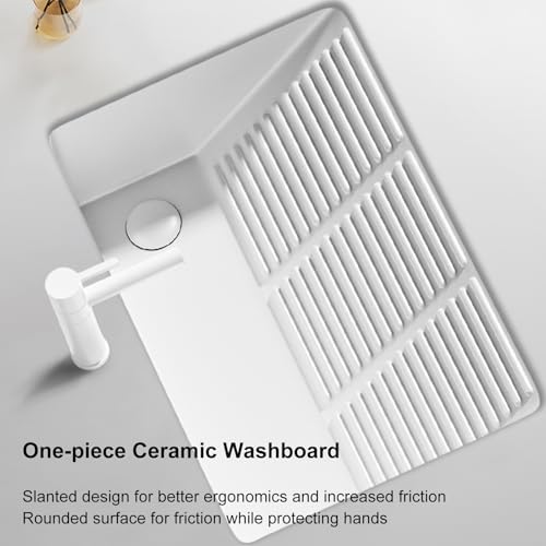 Undermount Rectangular Ceramic Bathroom Sink with Washboard, Pull-Out Faucet, Overflow & Drain Hole - Ideal for Laundry Room & Balcony (20.5"x18"x9.5")