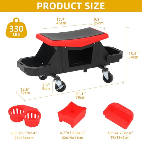 DWVO Mechanic Stool with Wheels, Heavy Duty Rolling Garage Stool 330 LBS Capacity, Mechanics Seat with 2 Removable Trays and Drawer, Rolling Tool Seat for Auto Repair Car Wash