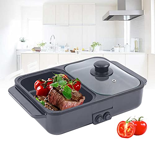 HIFMGHE 2-in-1 Electric Hot Pot with Grill, 1200W Portable Non-Stick Hot Pot, Indoor Multifunctional Frying Pan with Dual Temperature Control for BBQ Steaks Shabu Shabu and Noodles