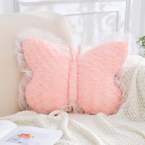 XVTRU Butterfly Pillow Pink Decorative Pillows 15 Butterfly Shaped Cute Throw Pillows with Lace Aesthetic Bow Plush Cushion for Room Decor Bed Sofa Couch