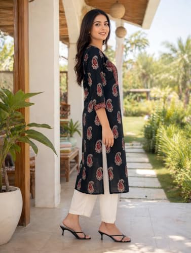 Image of Rajnandini Women's Pure Cotton Jaipuri Printed Kurti (JOPLJPR163-P Black P)