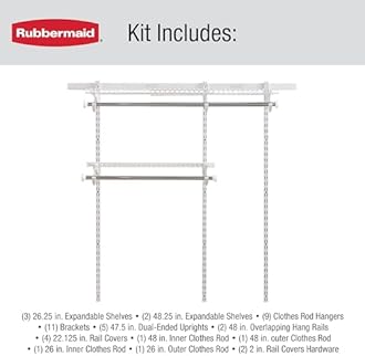 Rubbermaid Configurations Custom Closet Kit 3-6 Ft. Adjustable Metal Wire Shelving White Finish Expandable Organization System Hardware Included for Home Closet/Pantry/Laundry/Mudroom