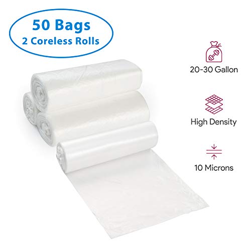 Image of 20-30 Gallon Clear Garbage Can Liners, 50 Count - Medium - Large Trash Can Liners - High Density, Thin, Lightweight, 10 Microns - For Office, Home, Hospital, Wastebaskets - 2 Coreless Rolls