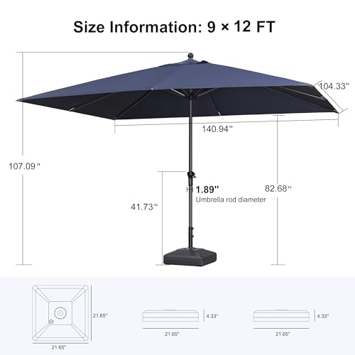 Image of PURPLE LEAF Outdoor Market Umbrella 12' x 9' Rectangle Navy Blue 8 Ribs