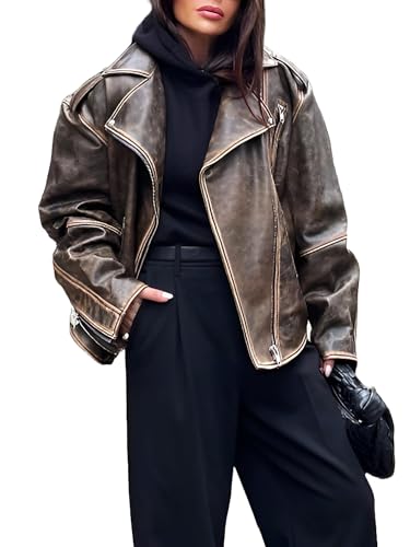 J'Jackin Womens Baggy Oversized Leather Jacket - Plus Size Distressed Brown Loose Fitting Leather Jacket Women3