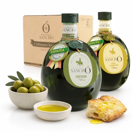 Aceite de oliva virgen extra dúo picual y arbequina pack 2 x 750 ml botella plástico | aove gourmet extraído en frío | aceite premium español cocina diaria | sancho la mancha, dop campo de montiel.