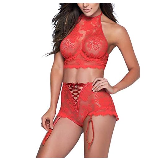 FeelinGirl Mujer Ropa Erótica de Encaje Lencería de Conjuntos Colgado del Cuello Rojo 3XL