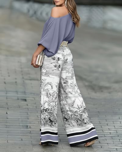 Image of CHICME Women Summer 2 Piece Outfits Off Shoulder Top Flowy Wide Leg Pants Set Vacation Travel Airport Outfits