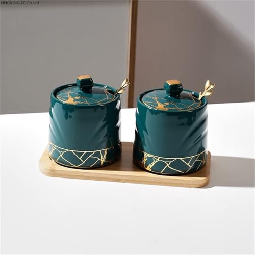 Ceramic Storage Jar with Lid – Seasoning Box Salt Shaker Wooden Tray Kitchen Supplies Organizer Stylish Spice Container for Home Use