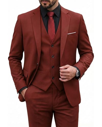Image of MY'S Men's 3 Piece Suit Set with Tie, One Button Slim Fit Solid Jacket Vest Pants, Prom Party Wedding Business Suits for Men