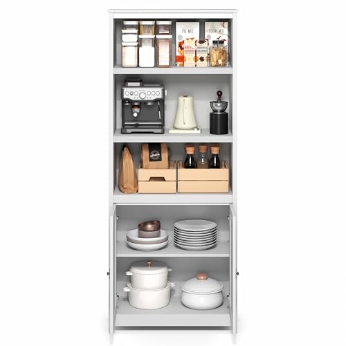 Image of Furinno Robin 5-Tier Storage Cabinet, 2 Door Pantry Cabinet, Plain White