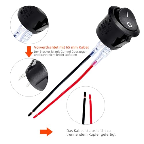 5 Stück Kippschalter 12V,Wippschalter 12V,Schalter 12V Mit Draht,2 Polig EIN/AUS SPST Switch 10 A/125V,6 A/250V,Rund Button,Für Lichtschalter Wohnmobil Auto Motorrad Truck Jeep Off Road Boat Marine